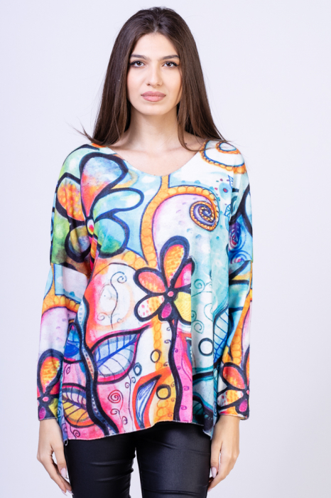 Bluza catifelata cu imprimeu floral multicolor shopika imagine noua 2022