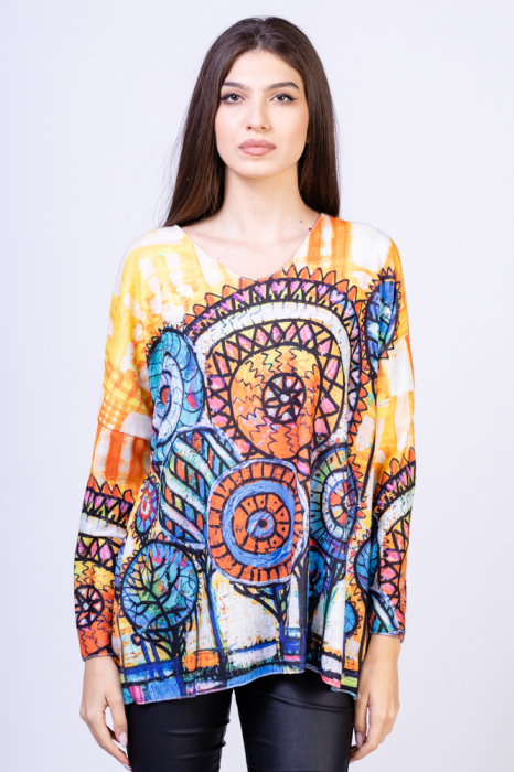 Bluza catifelata cu imprimeu mandale pe nuante de portocaliu si galben
