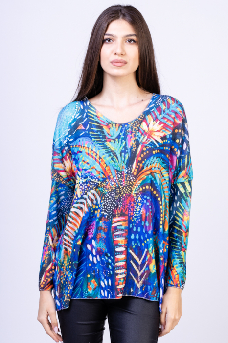 Bluza catifelata cu imprimeu palmier stilizat cu albastru electric shopika imagine noua 2022