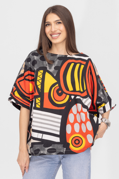 Bluza lalea oversize din poplin satinat de bumbac cu imprimeu geometric multicolor