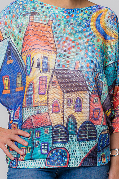 Bluza cu maneca fluture si imprimeu cu casute multicolore