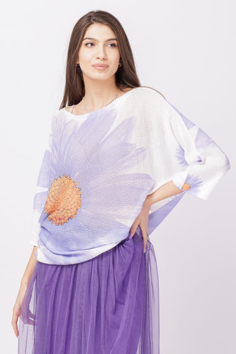 Bluza cu maneca fluture si imprimeu floare mare lila Bluza imagine noua 2022