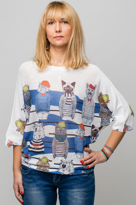 Bluza cu maneca fluture si imprimeu pisici cu tricouri dungate
