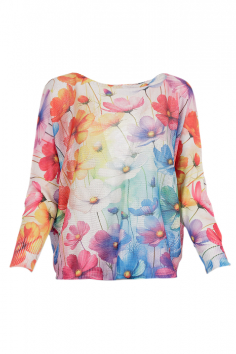 Bluza cu maneca lunga fluture si imprimeu flori multicolore pastelate