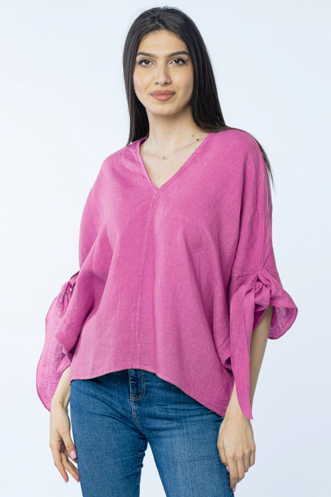 Bluza de vara cu funde, din in, oversize, mov zmeura