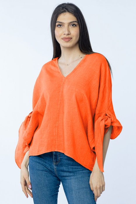 Bluza de vara cu funde, din in, oversize, portocalie
