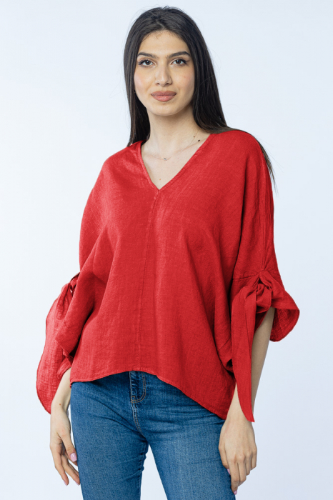 Bluza de vara cu funde, din in, oversize, rosie