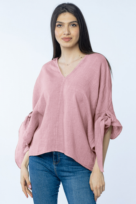 Bluza de vara cu funde, din in, oversize, roz