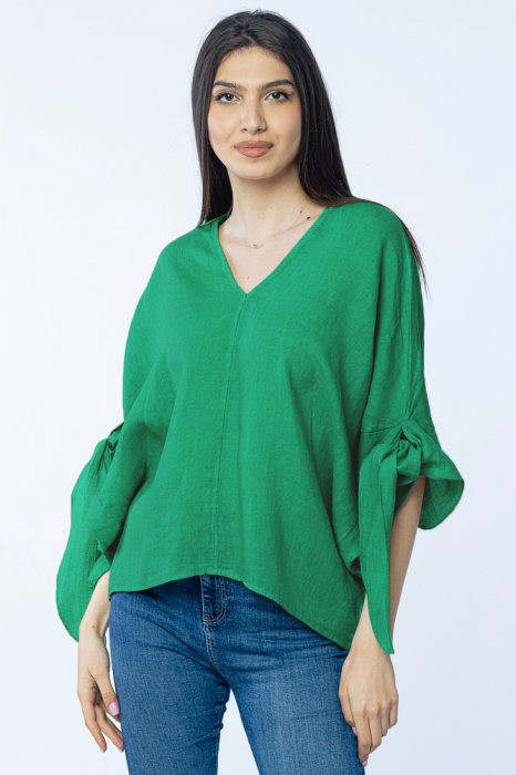 Bluza de vara cu funde, din in, oversize, verde
