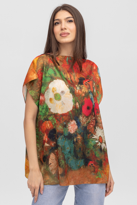 Bluza de vara tip poncho din matase cu imprimeu floral pictural