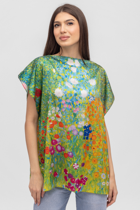 Bluza de vara tip poncho din matase cu imprimeu camp cu maci