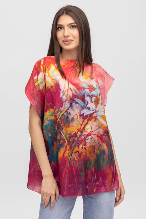 Bluza de vara tip poncho din matase cu imprimeu abstract