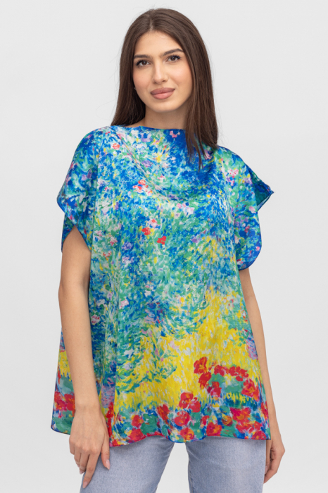 Bluza de vara tip poncho din matase cu imprimeu pictural