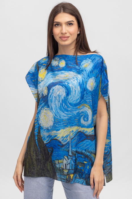 Bluza de vara tip poncho din matase cu reproducere dupa Noaptea Instelata de Van Gogh