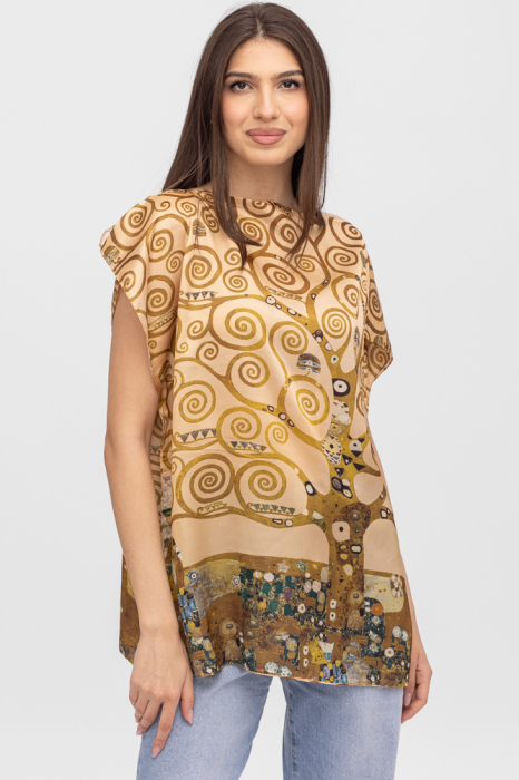 Bluza de vara tip poncho din matase cu reproducere dupa Pomul Vietii de Gustav Klimt