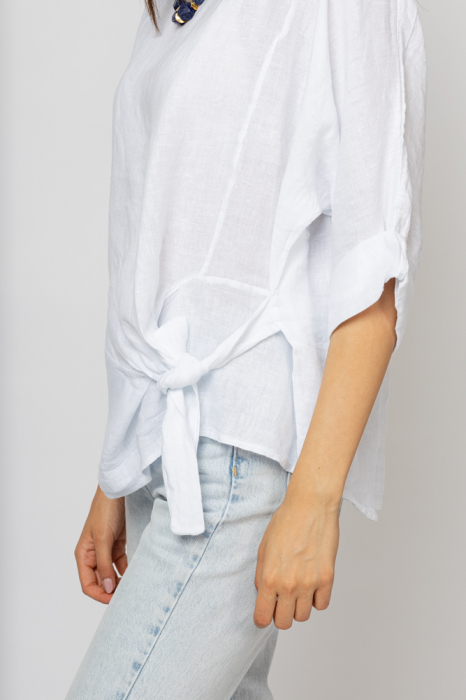 Bluza din in alba masura mare cu nod pe talie [2]