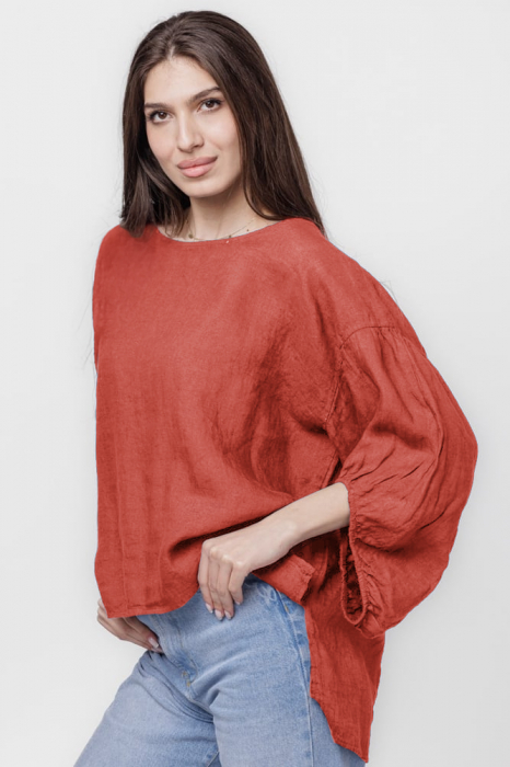 Bluza din in caramizie, masura mare, cu maneci ample bufante