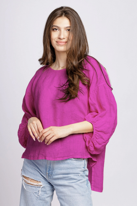 Bluza din in magenta, masura mare, cu maneci ample bufante