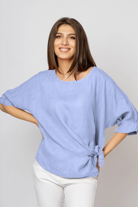 Bluza din in bleu masura mare cu nod pe talie