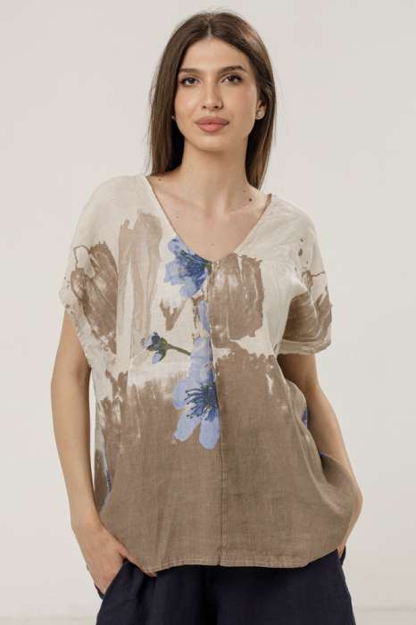 Bluza din in oversize cu funda la spate si imprimeu floral stilizat pastel, pe fond bej