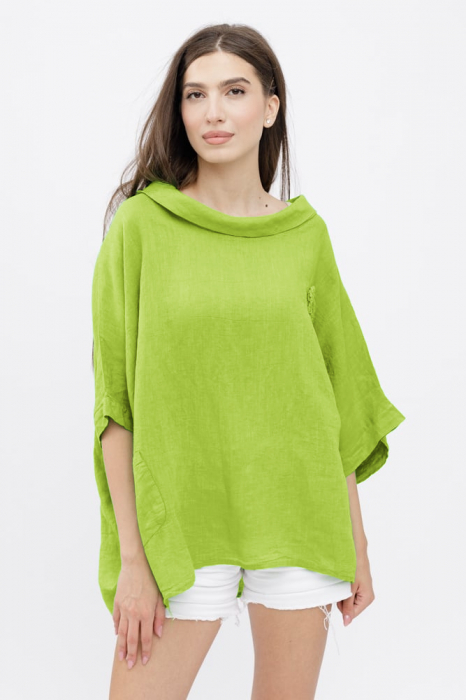 Bluza din in cu buzunar si boboc aplicat, oversize, verde praz