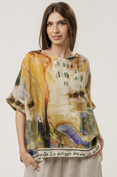 Bluza din in cu imprimeu artistic si croi lejer, predominant galben