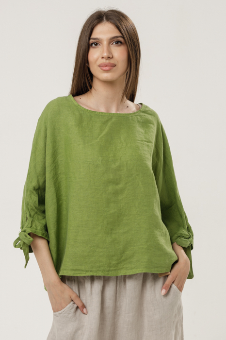 Bluza din in oversize, cu maneci fluture, cu funde, verde olive