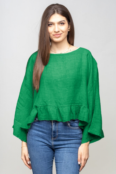 Bluza din in cu volanas, oversize, verde