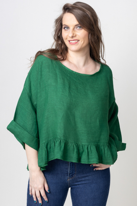 Bluza din in cu volanas, oversize, verde