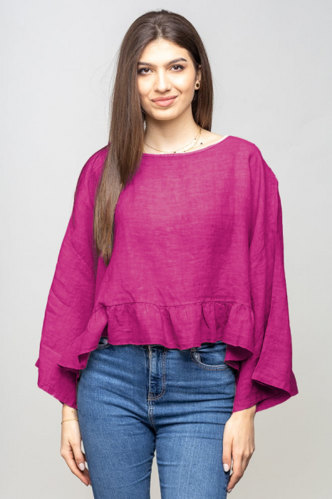 Bluza din in cu volanas, oversize, magenta