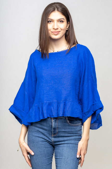 Bluza din in cu volanas, oversize, albastru electric