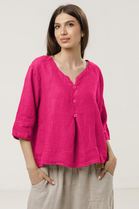 Bluza din in lejera cu nasturi decorativi, fucsia