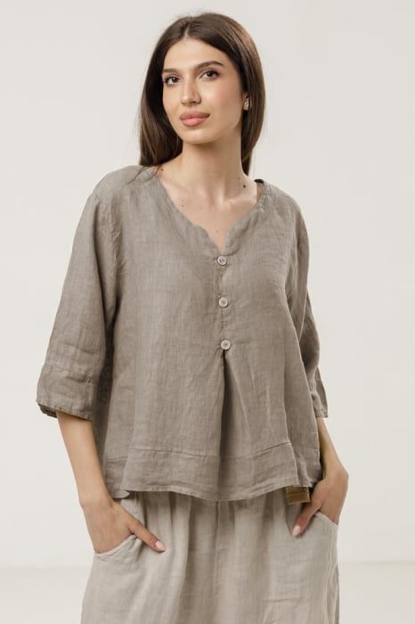 Bluza din in lejera cu nasturi decorativi, bej inchis
