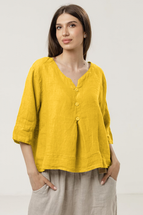 Bluza din in lejera cu nasturi decorativi, galben mustar