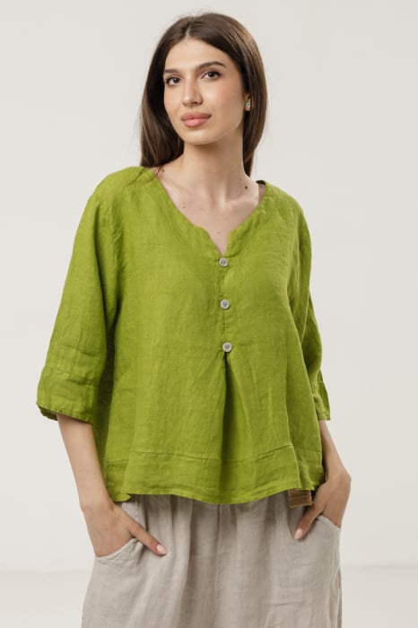Bluza din in lejera cu nasturi decorativi, verde olive
