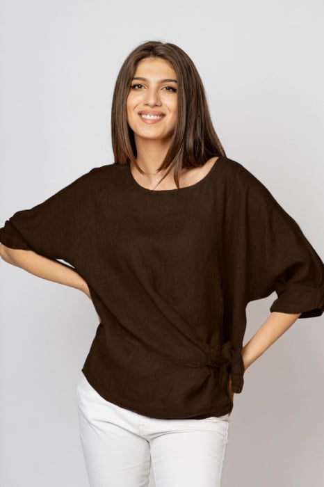 Bluza din in maro inchis masura mare cu nod pe talie