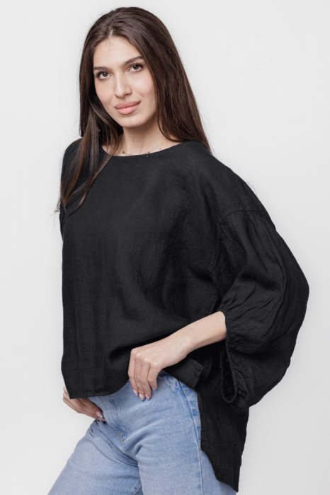 Bluza din in neagra, masura mare, cu maneci ample bufante