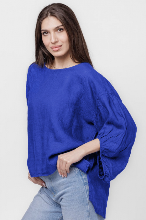 Bluza din in albastra, masura mare, cu maneci ample bufante