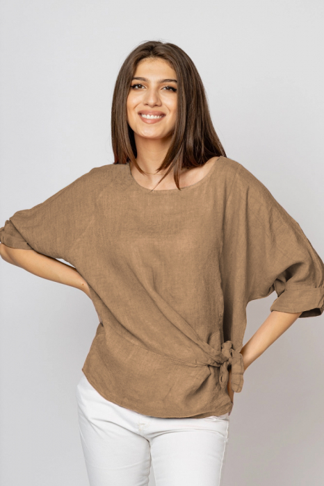 Bluza din in camel, masura mare cu nod pe talie