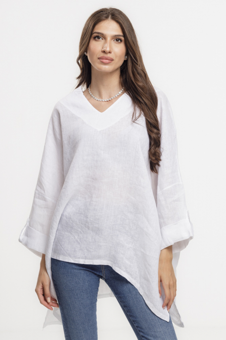 Bluza din in oversize,cu colturi si decolteu in V, alba