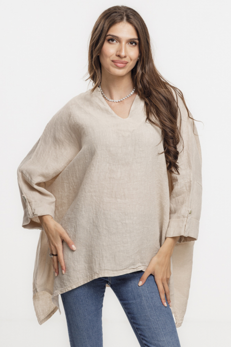 Bluza din in oversize,cu colturi si decolteu in V, bej