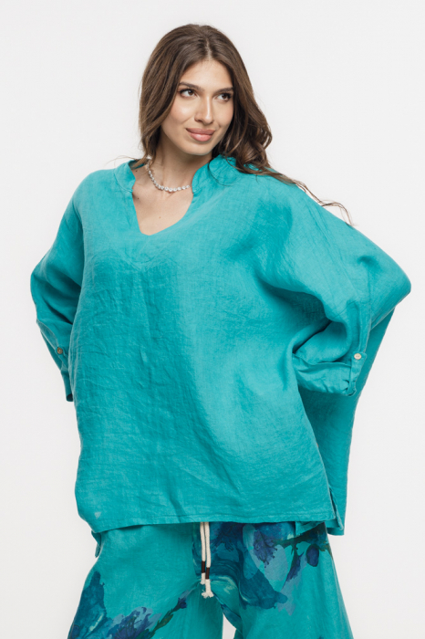 Bluza din in oversize,cu colturi si decolteu in V, turcoaz