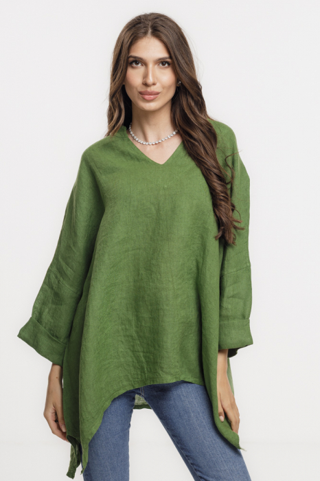 Bluza din in oversize,cu colturi si decolteu in V, verde olive