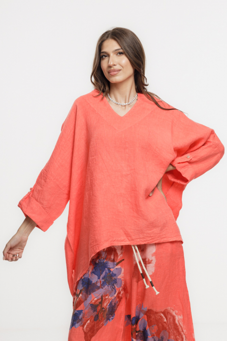 Bluza din in oversize,cu colturi si decolteu in V, corai