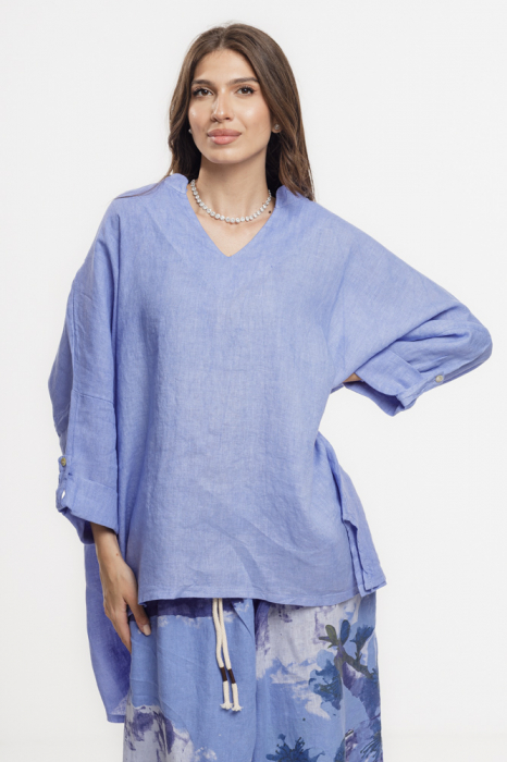 Bluza din in oversize,cu colturi si decolteu in V, albastru lavanda