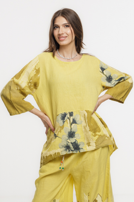 Bluza lejera din in galben cu imprimeu floral pictural