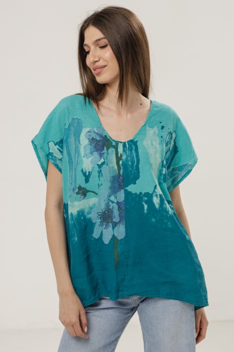 Bluza din in oversize cu funda la spate si imprimeu floral stilizat pastel, pe fond turcoaz