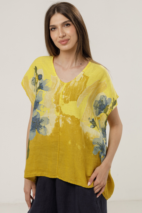 Bluza din in oversize cu funda la spate si imprimeu floral stilizat pastel, pe fond galben