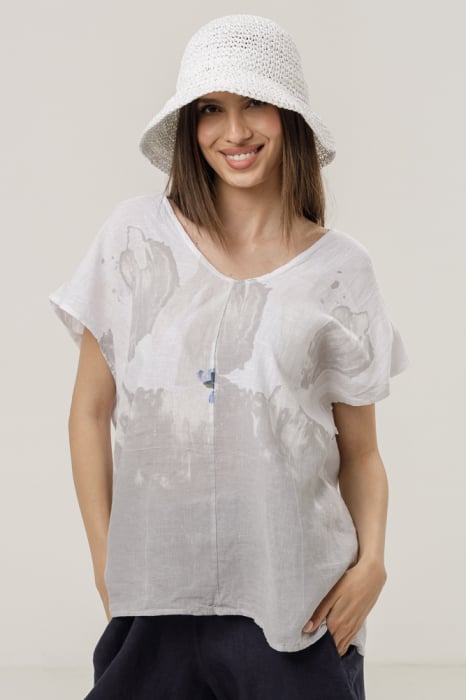 Bluza din in oversize cu funda la spate si imprimeu floral stilizat pastel, pe fond alb