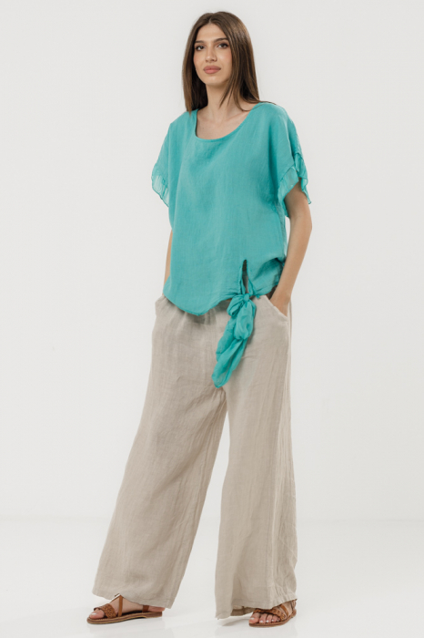 Bluza din in oversize cu funda la spate si volan din matase, turcoaz
